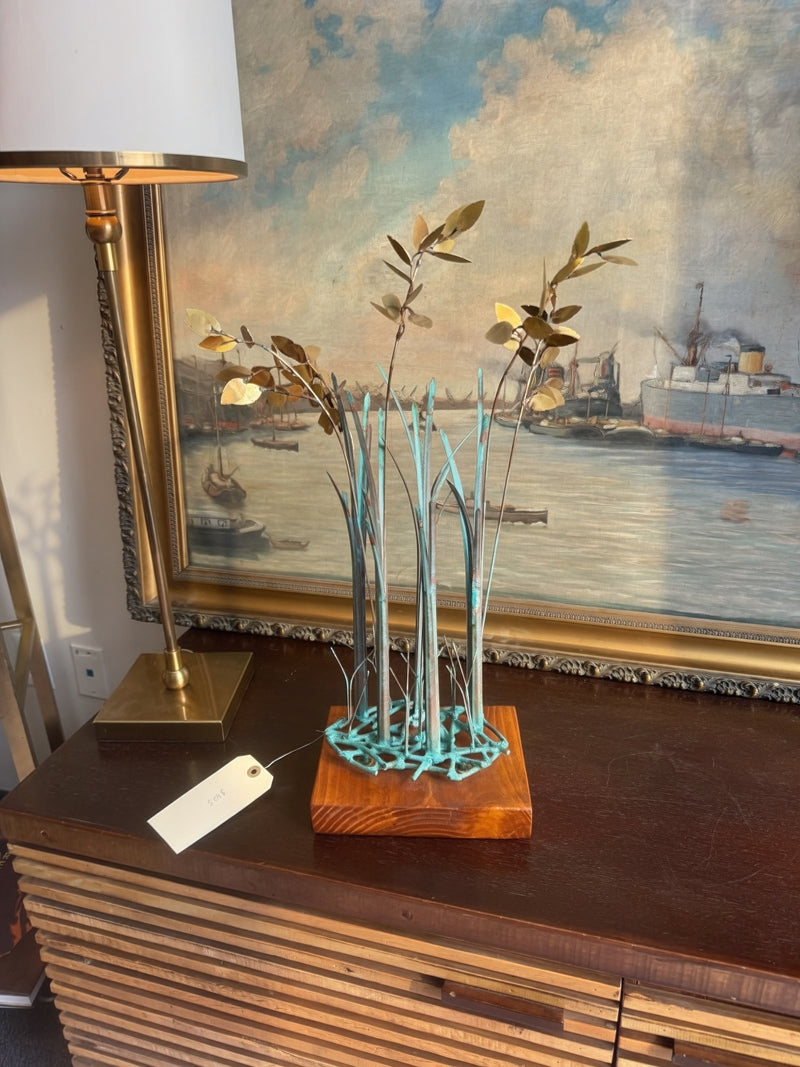 Mid-century brass and verdigris cattail sculpture on wood base