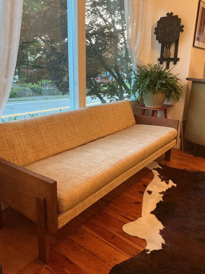 Danish mid-century modern sofa with exposed wood frame
