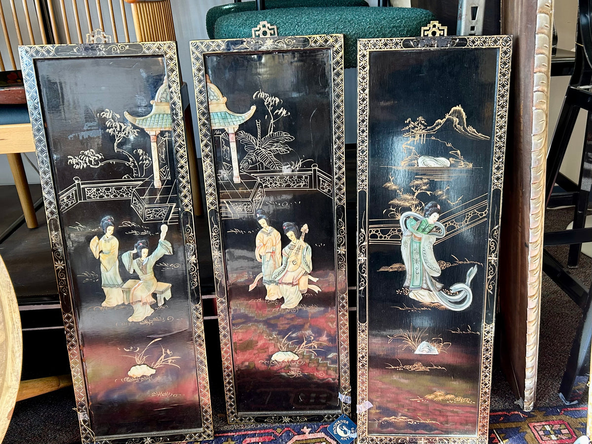 Asian Black Lacquer Triptych Panel