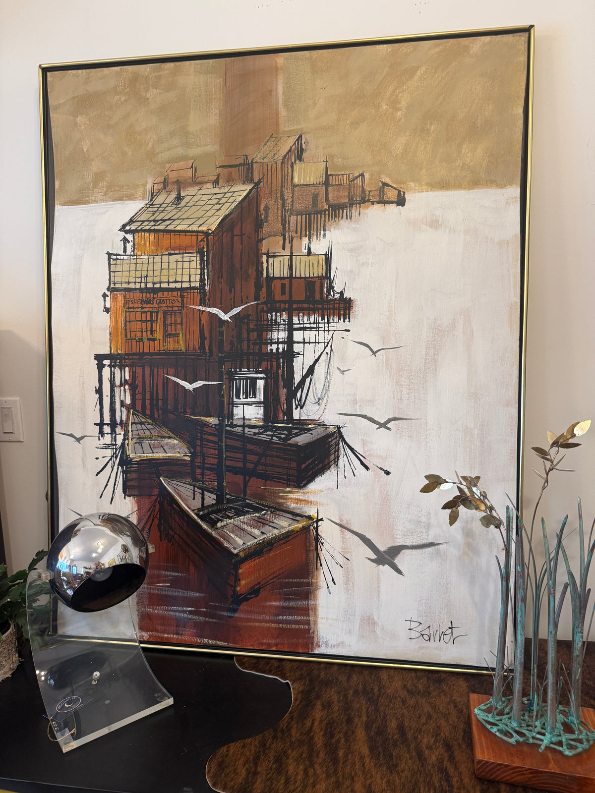 Barret coastal harbor scene painting with pier and gulls, gold-tone frame