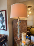 Mid-century stacked lucite and chrome table lamp with white drum shade