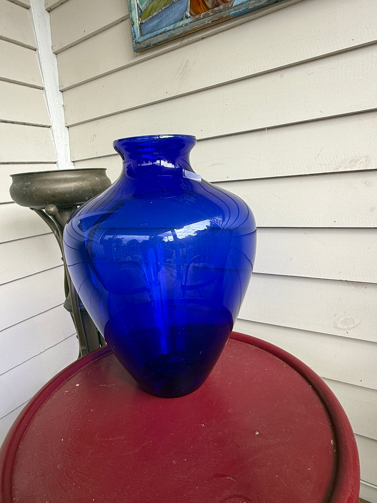 Large cobalt blue glass vase, side view