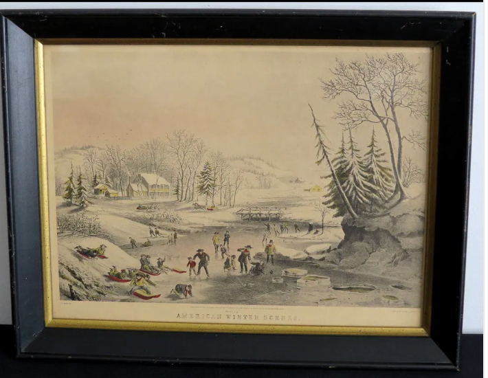 Vintage Framed Fanny Palmer  'American Winter Scenes - Morning'