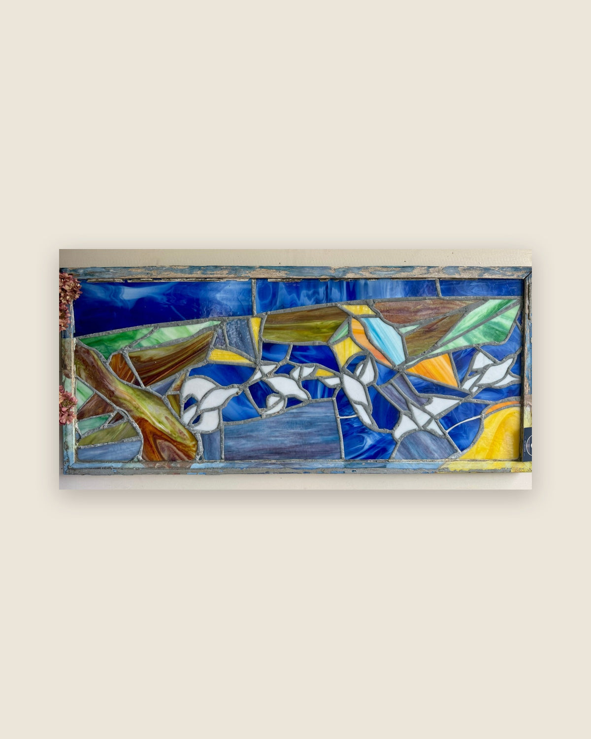 Abstract leaded stained-glass panel in painted wood frame